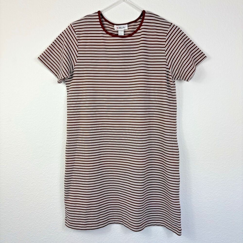 Talbots T-shirt Dress L Striped Short Sleeve Brown Preppy Travel Comfort Knee